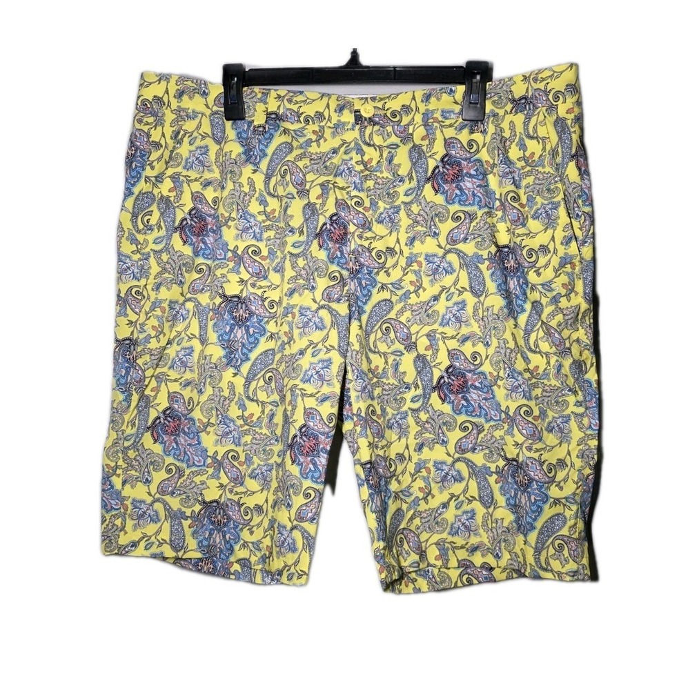 Hreski Golf Shorts Mens 40 Paisley Yellow Blue Flat Front Pockets Stretch